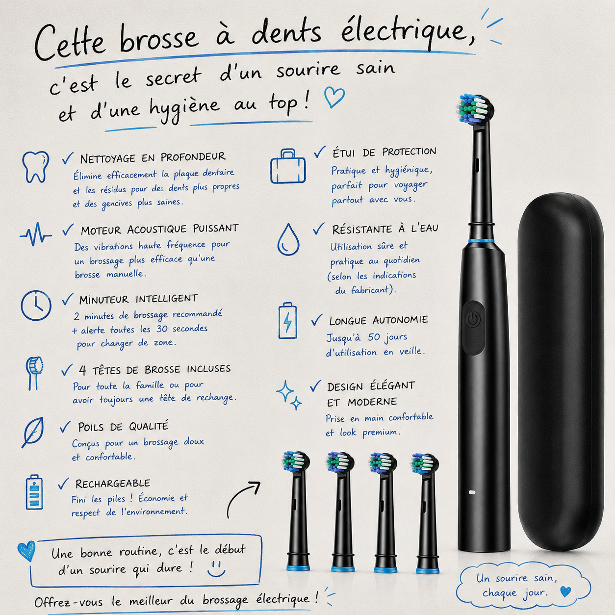 Brosse à dents électrique rotative et intelligente rechargeable USB