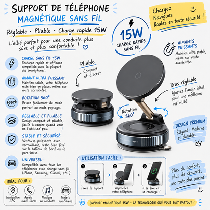 Posez. Rechargez. Roulez.🔥 Support de téléphone magnétique sans fil réglable et pliable 15W pour voiture