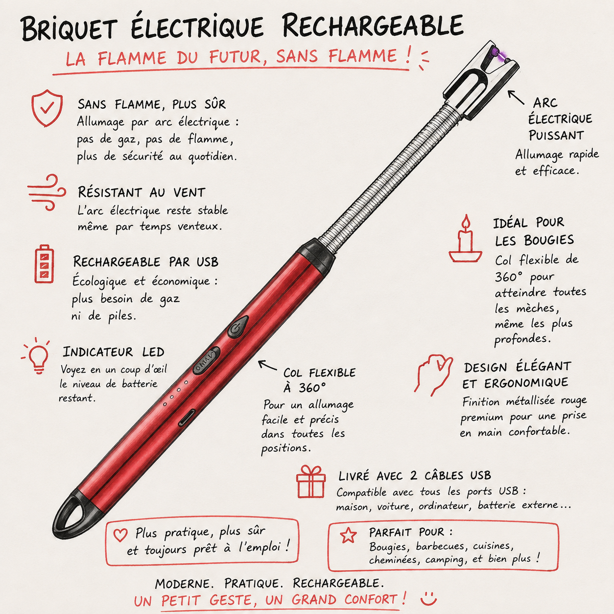 Briquet électrique rechargeable à arc Allumez sans effort